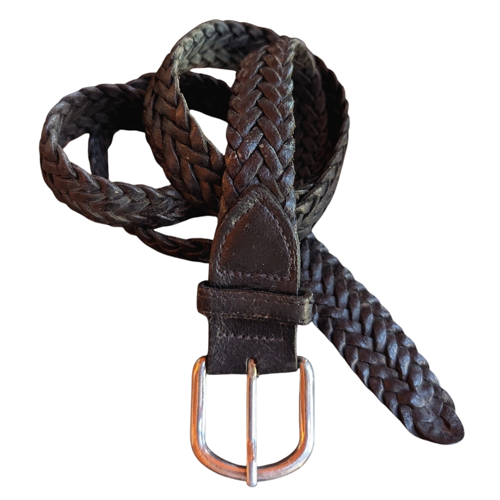 43" Braided Woven Black Leather Belt with Silverto none Buckle